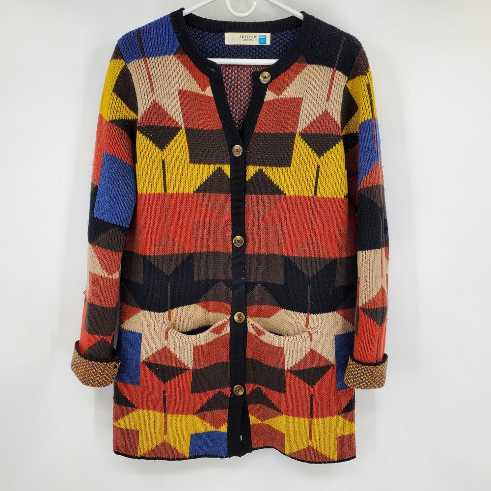 Sparrow Anthropologie Medium Lambswool Geometric Boho Western Cardigan Sweater